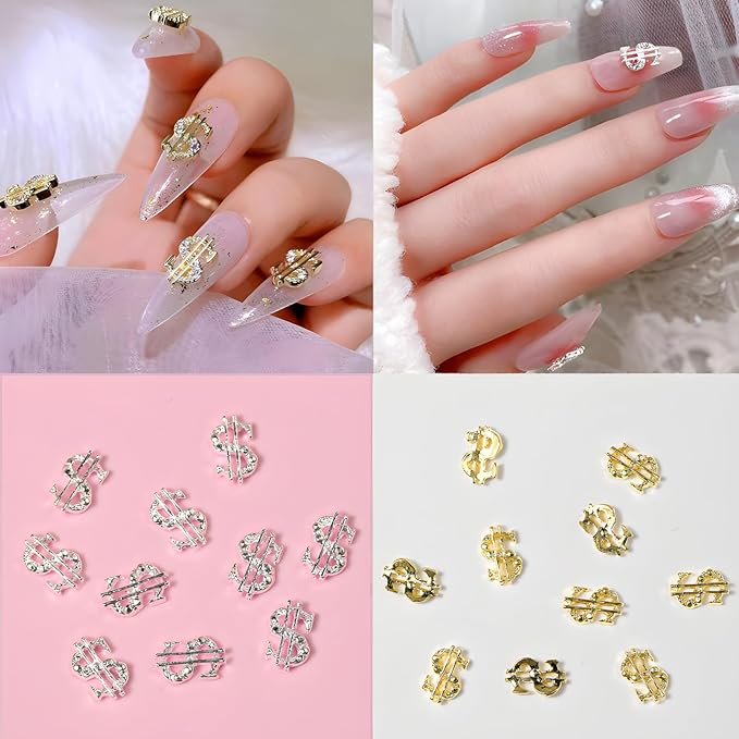 32 Pcs Money Dollar Nail Charms 3D Silver Money Dollar Nail Rhinestone Shiny Gold Dollar Nail Art Gems Alloy Design for Women and Girls Nail Decoration for DIY Acrylic Nails, Namrec-22