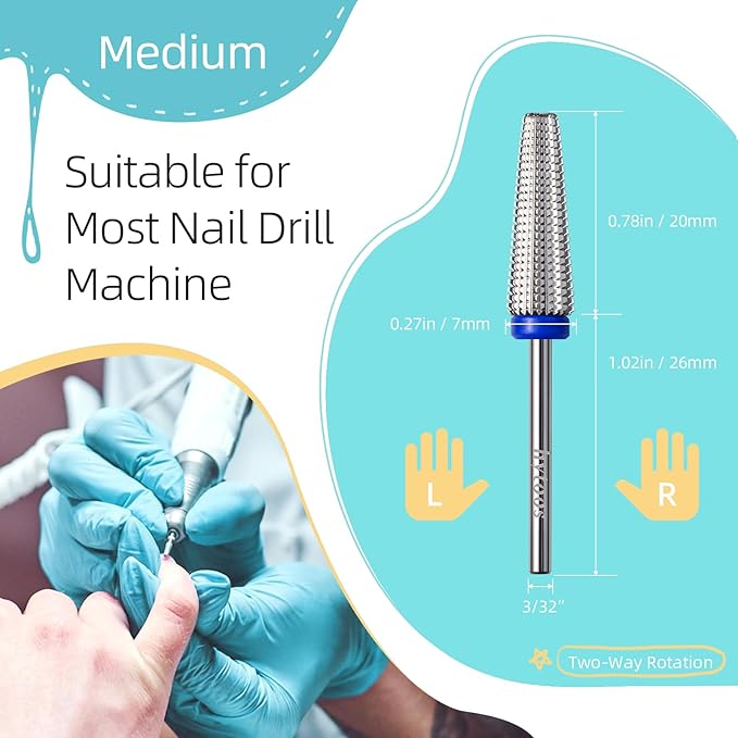 Long 5 in 1 Nail Drill Bits, 20mm Medium Straight Cut Tapered Nail Bit, 3/32 Two-way Safety Carbide Drill Bits for Nails, Electric Manicure Drills Remove Gel