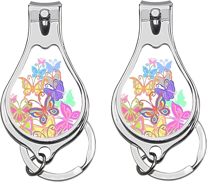 Toenail Clippers for Men 2 Pack Nail Clipper Set with Key Chain Cute Nail Cutter with Jar Opener for Dorm Room Essentials,Kitchen Gadgets,Golf Accessories(Color Butterfly)