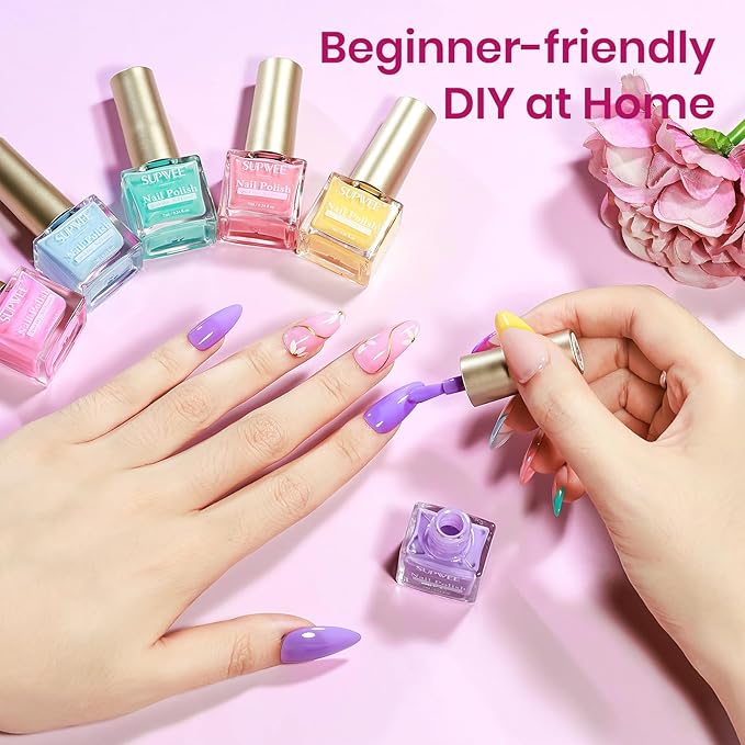 Pastel Nail Polish Set Non Gel, Quick Dry Macaron Nail Polish Spring Summer Color Air Fast Drying Fingernail Lacquer Manicure DIY Salon Gift(Pink Red Yellow Purple Blue Green Colors)