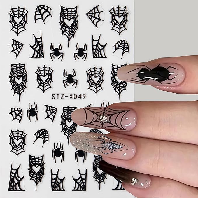 8 Sheets Spider Nail Art Stickers Halloween Nail Decals Black White Spider Web Spiders Design 3D Self-Adhesive Nail Sticker Fall Holiday Acrylic Manicure DIY Nails Decoration Supplies for Women
