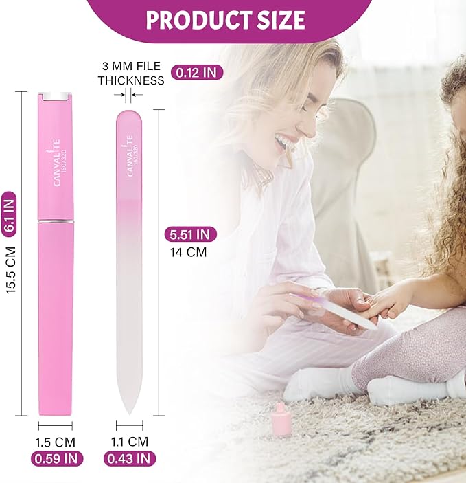 CANVALITE Glass Nail Files for Natural Nails Glass Fingernail File with Case Double Sided 180/320 Grit Stocking Stuffers for Women Girls, Pink