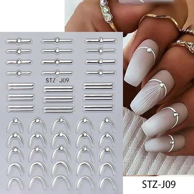 4 Sheets French Stripe Line Nail Stickers with Gold Silver Shiny Crystal Rhinestones,Metallic Stripe Lines Adhesive Design Nail Supplies French Sticker for Women Girls Luxury Manicure Decorations