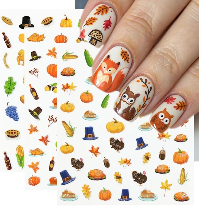 6 Sheets Fall Nail Stickers for Nail Art Glitter Maple Leaf Pumpkin Nail Decals Fruit Turkey Nail Design Stickers 3D Self-Adhesive Thanksgiving Acrylic Nails Art Supply for Women Manicure Decorations