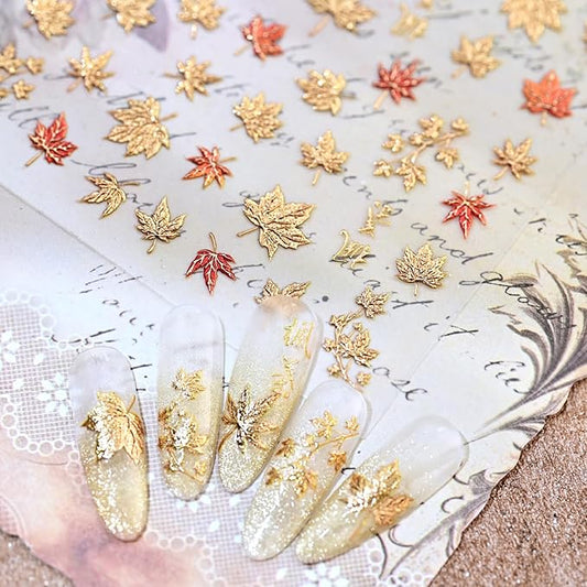 5D Embossed Gold Maple Leaves Nail Stickers for Nail Art Thanksgiving Nail Art Stickers with Glitter Autumn Leaf Design Fall Nail Decals for Women DIY Acrylic Manicure Decoration Accessories 1 Sheets