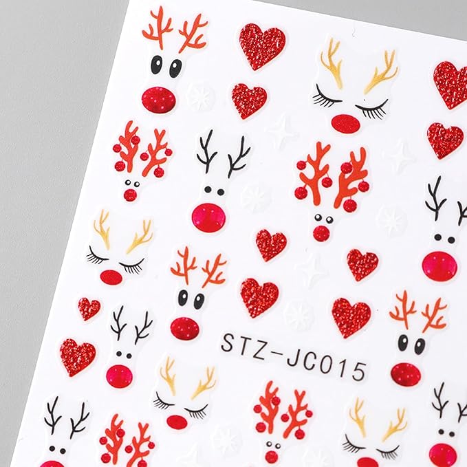 2Sheets Cute Christmas Nail Art Stickers 3D Xmas Elk Design Nail Decals Red Glitter Heart Lines Nail Stickers Self-Adhesive Cute Deer Nail Decal White Star Snowflake Nail Sticker for Women Nails Decor
