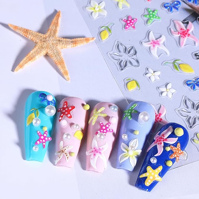 2 Sheets Colorful Starfish Nail Stickers, Flower Nail Decals, 5D Embossed Self-Adhesive Nail Art Stickers for Women DIY Summer Flowers, Shells, Bows, Starfish Manicure Decoration Supplies