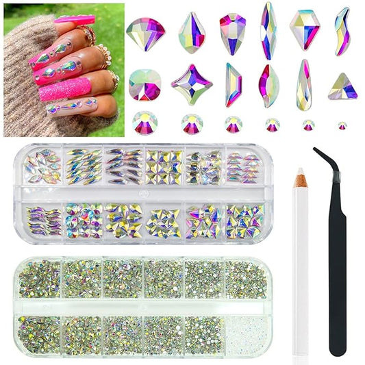 4080Pcs Crystal AB Nail Rhinestones Multi Shapes Flatback Crystal White AB Gems Round Beads K9 Glass Stones Diamonds jewels Nail Art Supplies Nail Charms for Nails Faces Eyes Makeup DIY Crafts