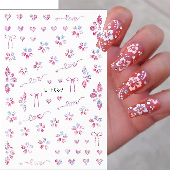 6Pcs Flower Nail Art Stickers 3D Glitter Hibiscus Nail Decals Pink Yellow Green Floral Nail Design Stickers French Tip Nail Art Sticker Spring Butterfly Nail Decoration Supplies for Women Manicure
