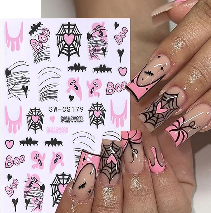 6 Sheets Halloween Nail Stickers Spider Web Nail Art Stickers Ghost Nail Decals Black Pink Red Bat Heart Boo Design Pumpkin Nail Sticker for Nail Art for Women DIY Holiday Salon Manicure