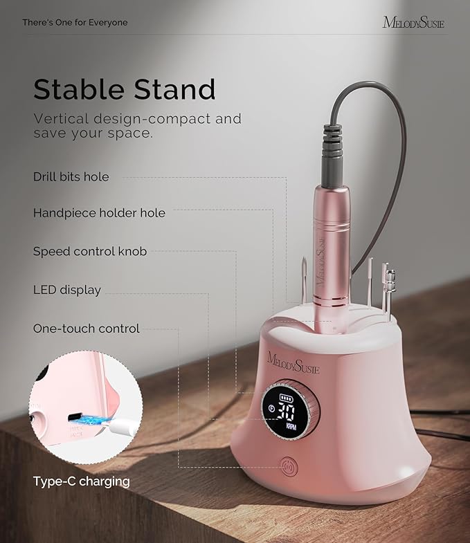 MelodySusie Rechargeable Desktop Nail Drill,Professional 30000RPM Electric Nail File for Acrylic & Gel Nails Removal,SC320G Cordless E-File Machine with LED Display for Manicure Salon & Home,Pink