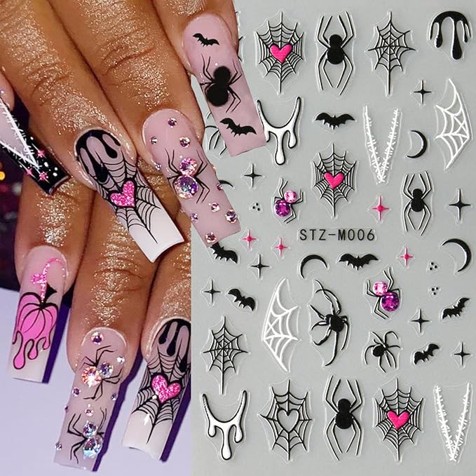 6Pcs Halloween Nail Stickers for Nail Art, Bat Spiders Nail Art Stickers Spider Web Black Rose Skull Ghost Nails Design Decals Halloween Nail Supplies for Women DIY Manicure Decoration Accessories