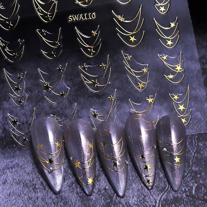 2 Sheets Star Nail Decals with Line Design, Gold Silver Star Nail Design Stickers, 3D Self-Adhesive Nail Stickers for Women DIY Daily Manicure Decoration Supplies Acrylic Nails Decoration