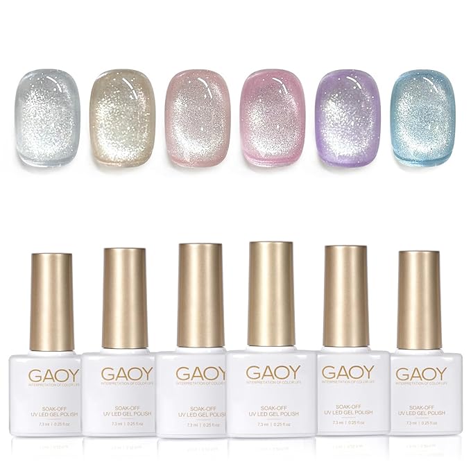 GAOY Cat Eye Gel Nail Polish Set with Magnet for Silver Blue Pink Glitter Holographic Cat Eye, Salon Gel Manicure and Nail Art DIY at Home, Spring Breeze