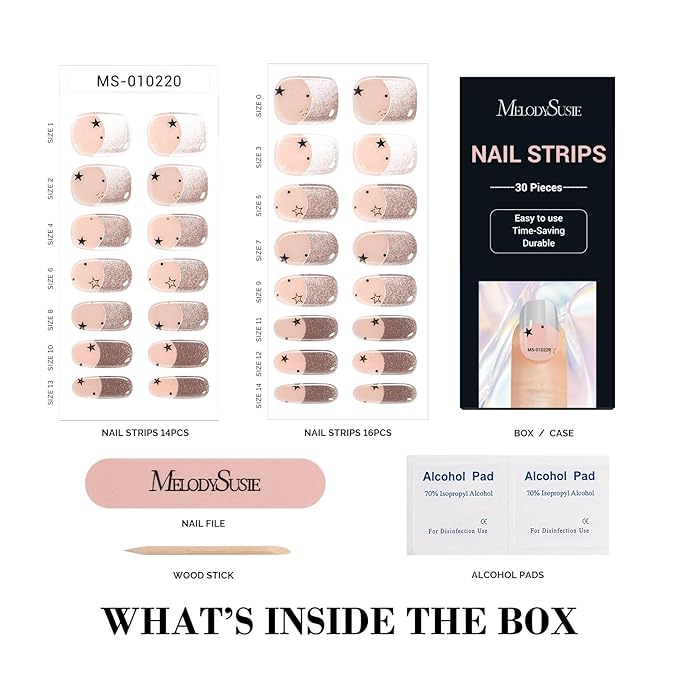 MelodySusie 30PCS Semi Cured Gel Nail Strips (Silver Chrome French Tips), Salon Quality, Long Lasting, Easy to Apply and Remove, Includes 2 Prep Pads, Nail File and Wooden Stick