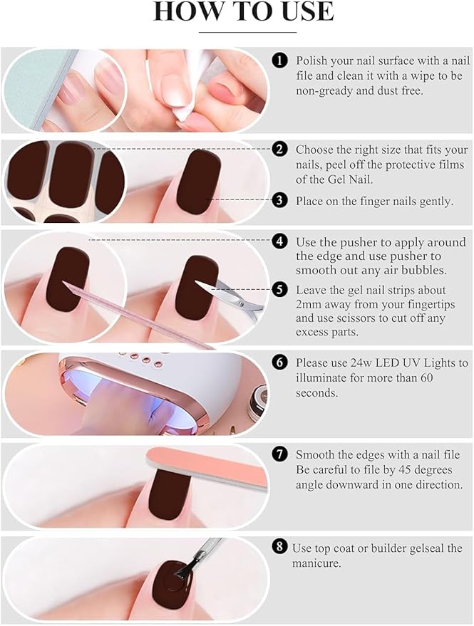 EBANKU 20Pcs Semi-Cured Gel Nail Strips, French Flower Nail Sticker, Lasting Waterproof Full Wraps Stickers for Salon Manicures, Perfect for Women, Girl with File and Stick