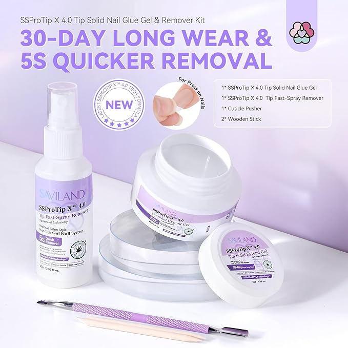 SAVILAND Nail Glue Gel & Nail Glue Remover: Quick Press on Nail Remover 30 g U V Nail Glue Solid Hard Gel for Nails with Cuticle Pusher and Manicure Tools Long Lasting Castor Oil VE Supplies Tech