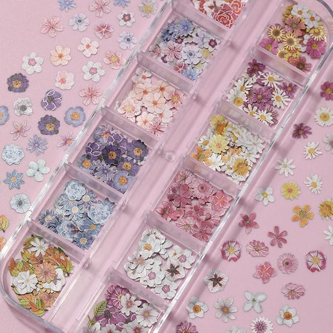 600Pcs 3D Flower Nail Art Charms Sequins Decals Colorful Mixed Flowers Leaves Design Slice Nail Flowers Ultra Wood Pulp Flakes Sequins