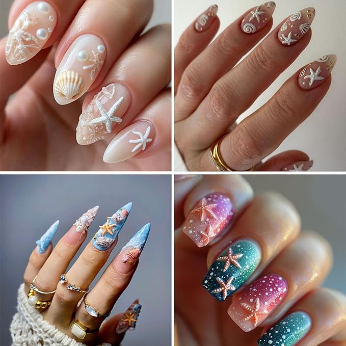 2 Sheet Summer Ocean Theme Nail Art Stickers Extra Shiny Shell Light 5D Shell Starfish for Nails Stickers Decals Gold Silver Star Jellyfish Self-Adhesive Design Nail Supplies for Women Manicure Decor