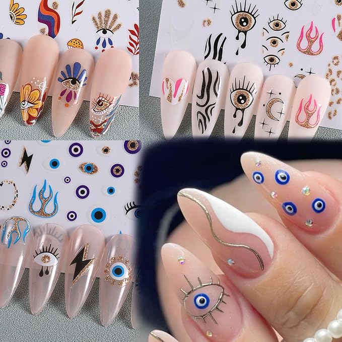 6 Sheets Goth 3D Self-Adhesive Star Flame Nail Stickers - Glitter Blue Eye Design, French Art, Holographic Decals for Women DIY Manicure