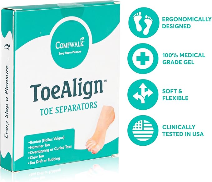 Comfwalk® ToeAlign™ – Toe Separators for Men & Women – Toe Straightener Stretcher – Corrects Bunions, Overlapping Toes, Hammer Toes, Claw Toes – Soft Medical-Grade Silicone Toe Spacers (Skin Color)