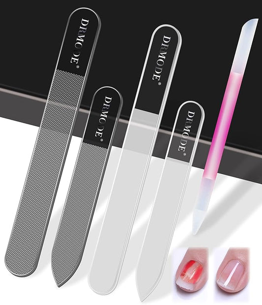 Glass Nail File Buffer with Case - 5PCS Nail Buffer and Nail Shiner Kit Glass Cuticle Pusher Nail Care for Men Women Nail Files for Natural Acrylic Nails Fingernail Files Manicure Tool