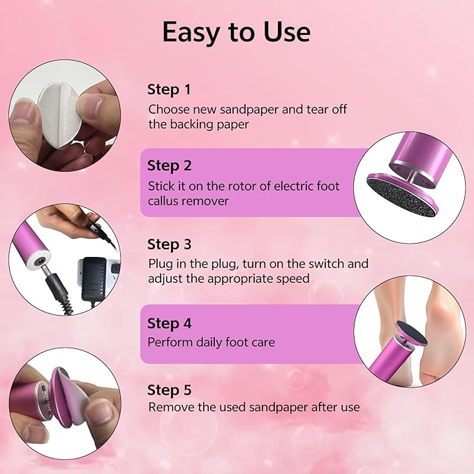 Electric Foot Callus Remover for Feet, Pedicure Tool with 60pcs Replacement Sandpaper Discs, Adjustable Speed Scrubber File Grinder for Dead Skin, Home Spa Salon Use - Pink