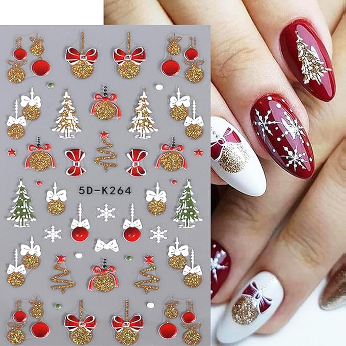 5D Christmas Nail Art Stickers Glitter Snowflakes Nail Decals Red Bells Christmas Tree French Nail Design Self Adhesive Stickers for Women Girls DIY Nail Art Decoration (Gold Silver)