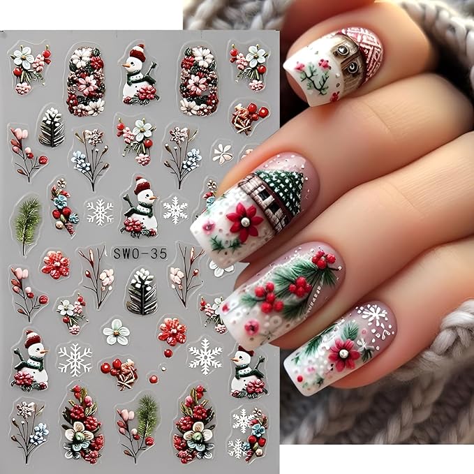 Christmas Nail Art Stickers Decals 5D Embossed Nail Decals Snowman Christmas Tree Snowflake Holiday Nail Stickers for Nail Art Xmas Nails Design Christmas Nails Supplies for Women Girls