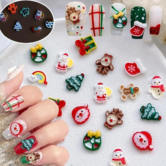 100Pcs Christmas Nail Charms Glow in The Dark 3D Xmas Nail Rhinestone Supply Christmas Tree Socks Santa Claus Gift Elk Nail Art Charms for Women DIY Manicure Winter Holiday Nails Decoration Supply