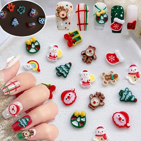 100Pcs Christmas Nail Charms Glow in The Dark 3D Xmas Nail Rhinestone Supply Christmas Tree Socks Santa Claus Gift Elk Nail Art Charms for Women DIY Manicure Winter Holiday Nails Decoration Supply