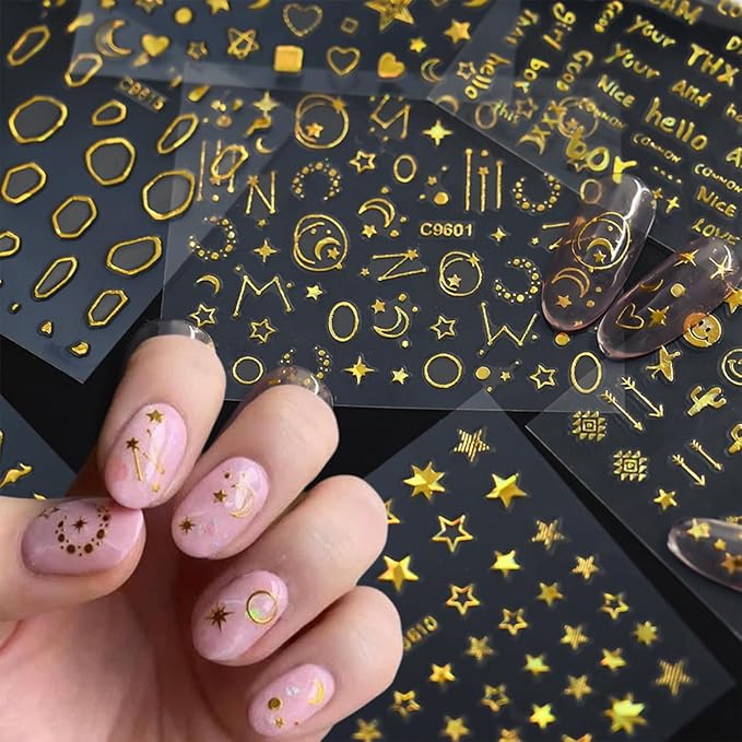 30 Sheets Gold Nail Art Stickers 3D Self-Adhesive Gold Line Nail Stickers Star Moon Heart Nail Design Sticker Lrregular Lines Nail Decals Acrylic Nail Art Supplies for Women
