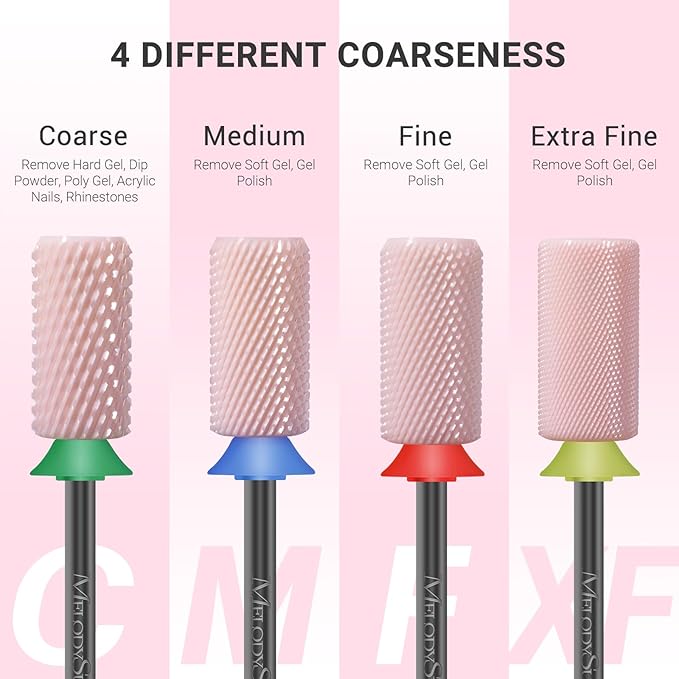 MelodySusie Ceramic Nail Drill Bits, 3/32'' Chamfer Flat Top Large Barrel Bits, Fast Remove Acrylic or Hard Gel, Nail Tool for Manicure Pedicure, Salon Home, Professional or Beginner, Pink, Fine