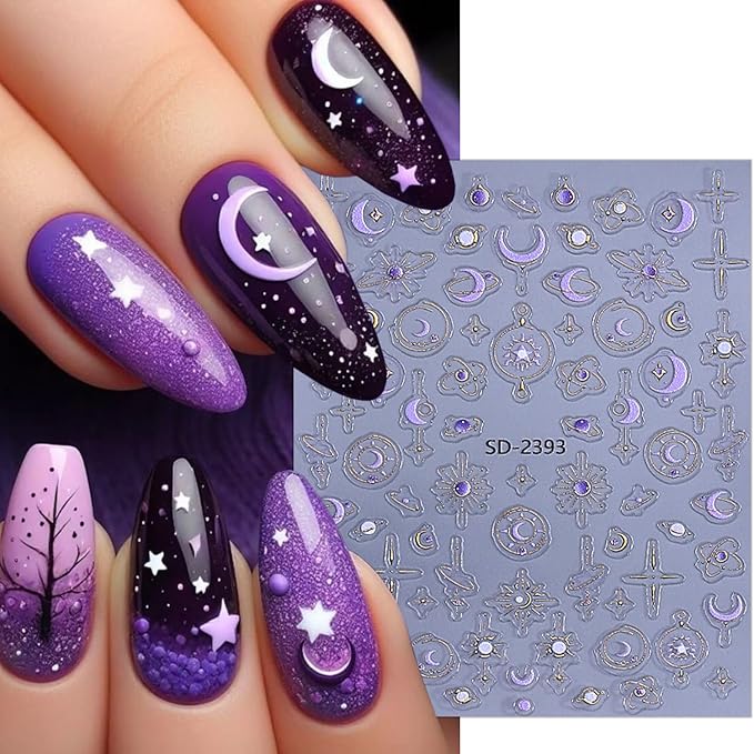 4 Sheets Embossed Nail Decals for Nail Art 5D Gems Designs Nail Art Stickers Purple Moon Star Nail Stickers Self-Adhesive Gold Chain Butterfly Nails Decal for Women DIY Manicure Decors