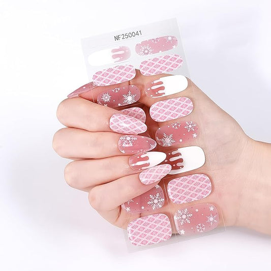 Christmas Semi Cured Gel Nail Strips, 16 Pcs Winter Xmas Gel Nail Stickers Snowflake Designs Wraps for UV/Led Manicure Lamp Nails Art Decorations