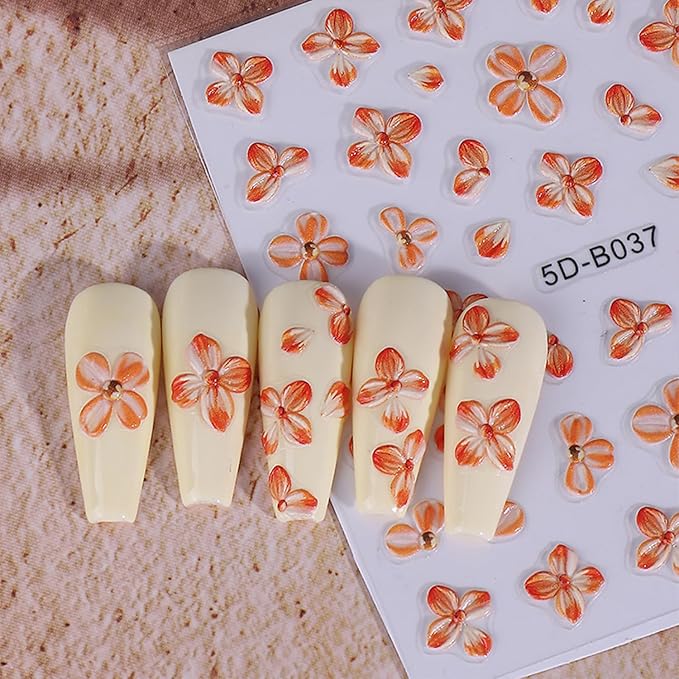 Flower Nail Stickers for Nail Art 3D Self-Adhesive Lily Hibiscus Tulip Flowers Nail Stickers Fall Floral Nail Decals Supplies for Women DIY Manicure Supplies Accessories 4 Sheets
