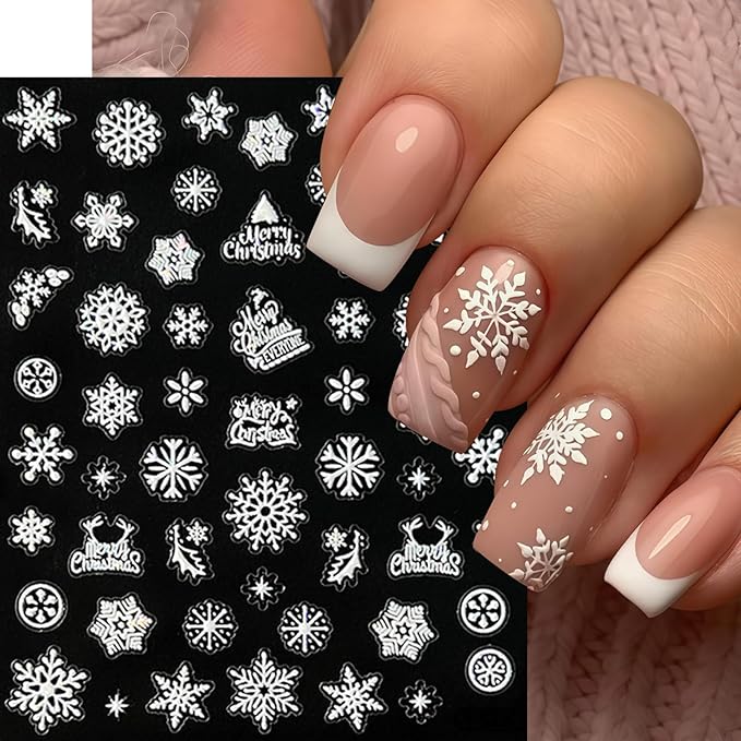6 Sheets Snowflake Nail Stickers 5D Embossed Christmas Snow Nail Art Stickers Self Adhesive Winter Snowflake Nail Decals Snowmen Star Christmas Nails Decoration Supplies for Women Holiday Manicure