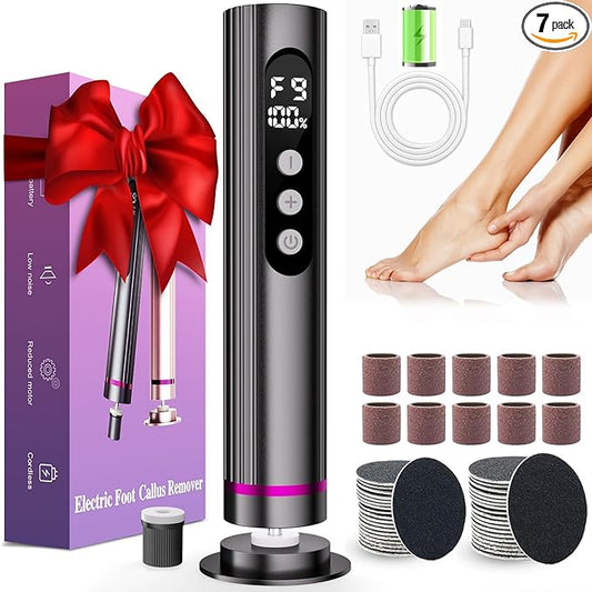 Dermave Electric Foot Callus Remover Cordless, 2 in 1 Wireless Electric Foot File, Adjustable 9 Speed Rechargeable Pedicure Foot Filer Tool w/Sandpaper Discs & Nail Drill Bits, Digital Display (Gray)