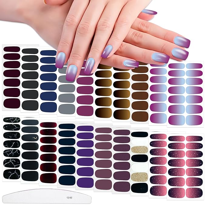 WOKOTO 20 Sheets Dark Color Nail Polish Strips for Women Girls Solid and Gradient Designs Nail Polish Stickers with Nail File Kit Black Blue Purple Stick On Nails Stickers Full Nail Wraps Strips