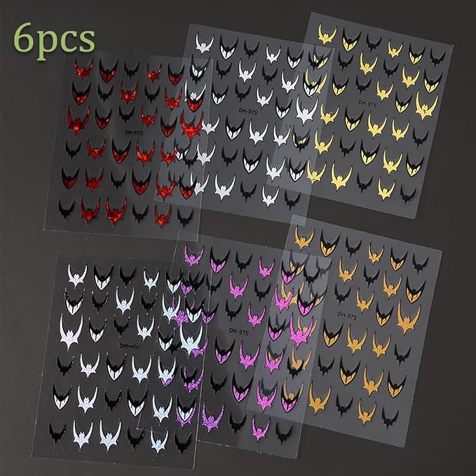 6pcs Bat Halloween Nail Stickers for Nail Art - French Tip Purple and Red Glitter Bat Nail Decals Laser Sparkle Halloween Bat French Design Gothic Punk Nail Accessories Charms Y2K Manicure Decoration