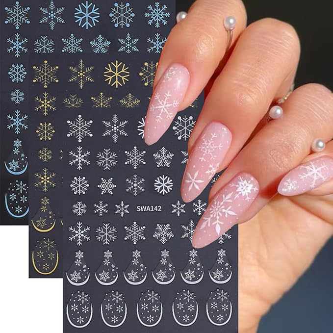 3 Sheets Christmas Nail Stickers for Nail Art WLGDLH 3D Self Adhesive Nail Art Stickers Multicolor Snowflakes Nail Decals Winter Snowflake Nail Supplies for Women DIY Christmas Decorations