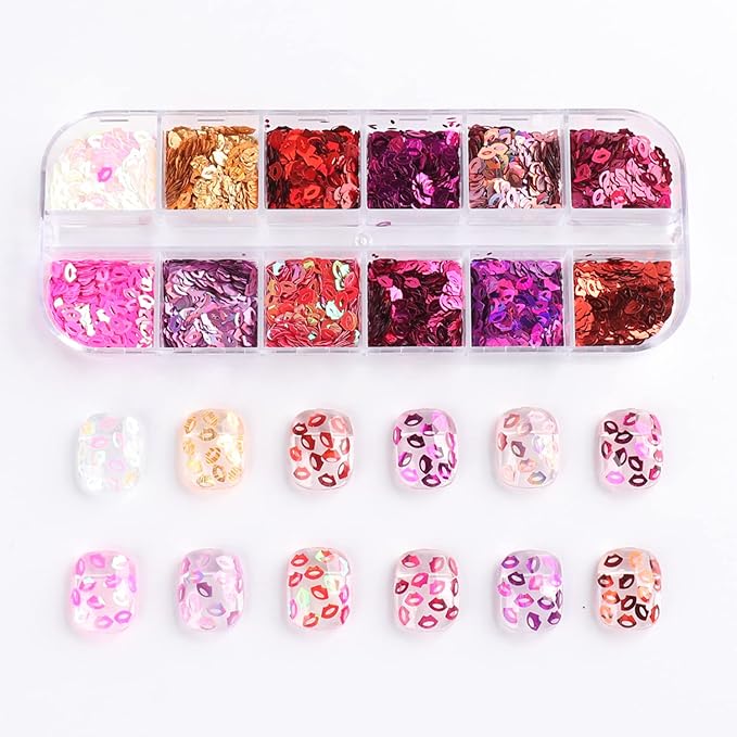 Lips Glitter Nail Art Sequins, 3D Sparkly Mouth Shaple Nail Flakes Designs, 12 Colors Sexy Lips Nail Glitters Supplies for Women Girls Manicure Powder Charms Decorations, DIY Shiny Nail Art Tips