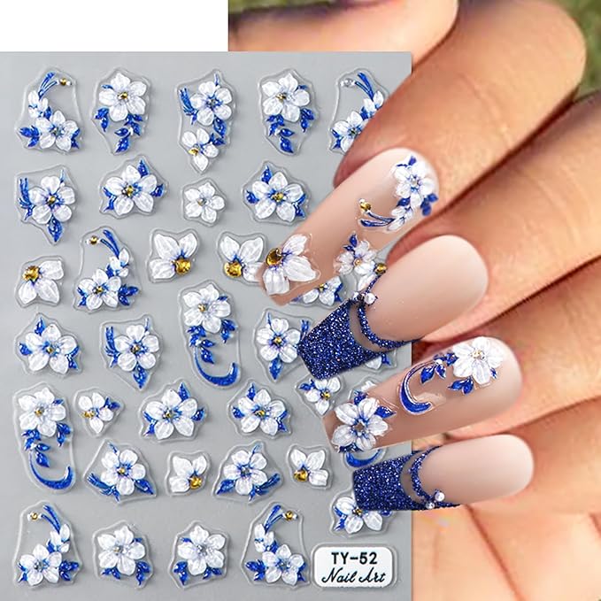 5D Flower Nail Art Stickers Blue Glitter Shiny Flowers Nail Decals 1 Sheets Embossed Floral Nail Stickers Self-Adhesive Blue Flower Nail Supplies for Women Girls Manicure Nail Decoration Accessories