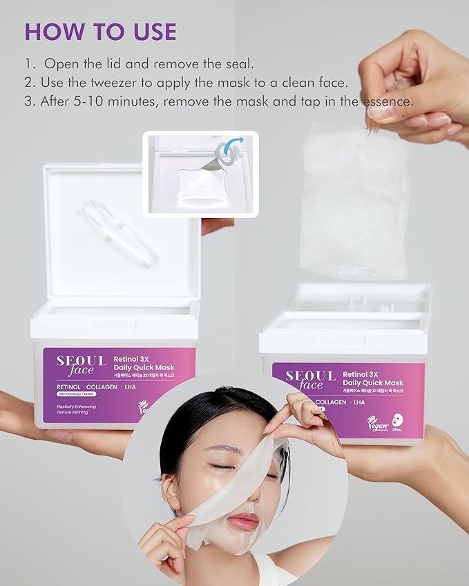 DERMAL Seoul Face Retinol 3X Daily Quick Mask 36 Sheet – Korean Skincare Vegan Tencel Facial Masks - Anti Aging, Wrinkle Improvement Mask Sheets with Collagen, LHA, Peptide