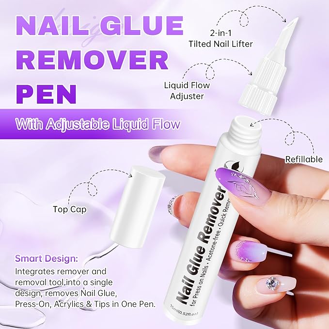 2PCS 15ml Pinpoint Nail Glue Remover for Press on Nails, Acetone-Free Odorless Formula Gentle Remover, 2 IN 1 Design Refillable Nail Polish Remover Pen
