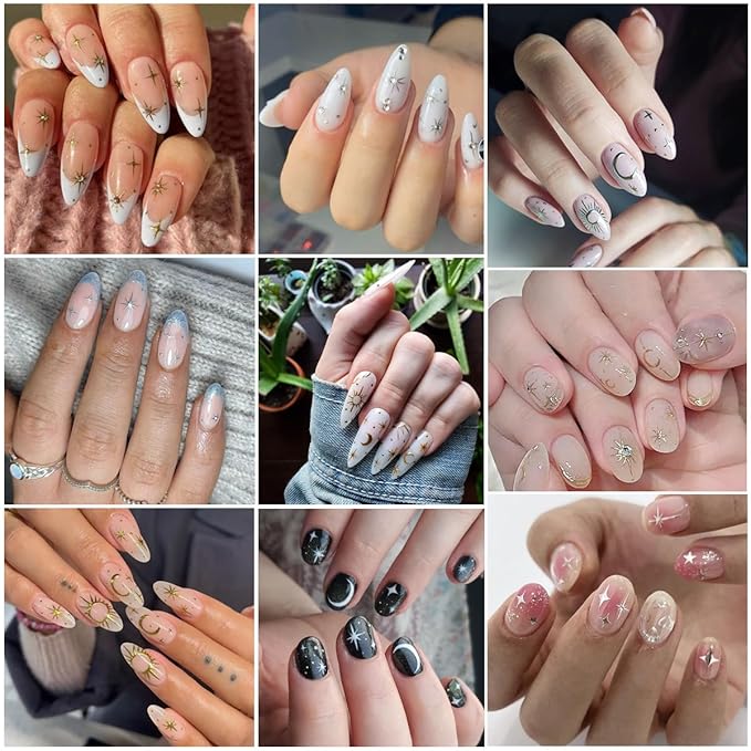Star Nail Stickers - 8Sheets Metallic Star Nail Art Stickers 3D Star Moon Sun Nail Decals for Nail Art Supplies Sun Stars Moon Starlight Glitter Gold Silver Design French Manicure Decoration for Women