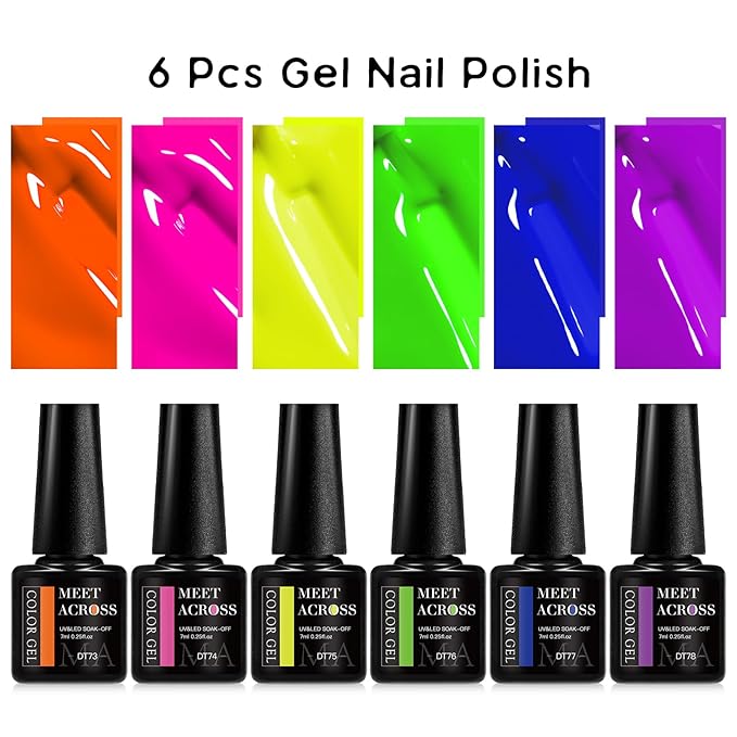MEET ACROSS Neon Gel Nail Polish Set, 6 Colors Orange Yellow Green Blue Hot Pink Red Purple Spring Summer Fluorescent Gel Polish Home DIY Manicure Gift for Girls Women