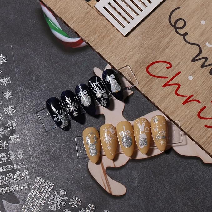 JMEOWIO 8 Sheets Christmas Glitter Nail Art Stickers Decals Self-Adhesive Snowflake Winter Holiday Cute Silver White Nail Supplies Nail Art Design Decoration Accessories