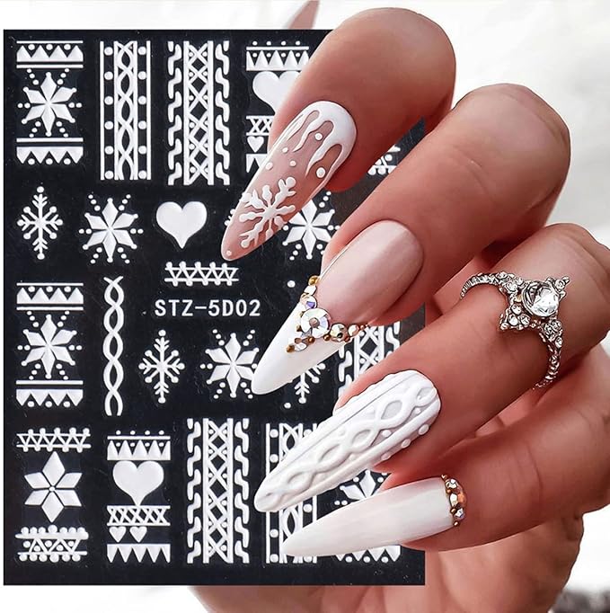 5D Embossed Snowflake Nail Art Stickers Christmas Nail Decal White Flower Lace Nail Decal Snowflake Leaf Nail Sticker Design Self-Adhesive Nail Decoration Supplies for Women DIY Christmas Manicure