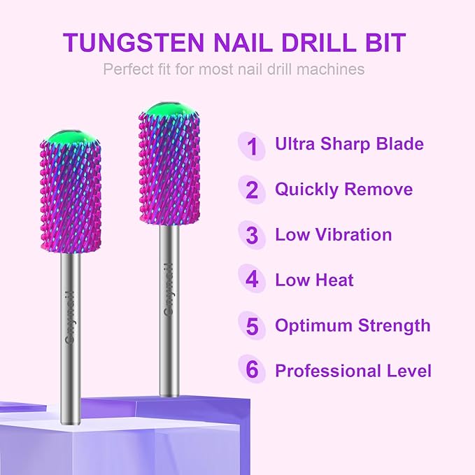 3/32" 2PCS Large Barrel Smooth Round Top Tungsten Carbide Nail Drill Bit Safety Bit for Gel & Acrylic Removal, 2-Way Rotating Efile Tip, Salon Electric File Accessory (C Grit, Purple)
